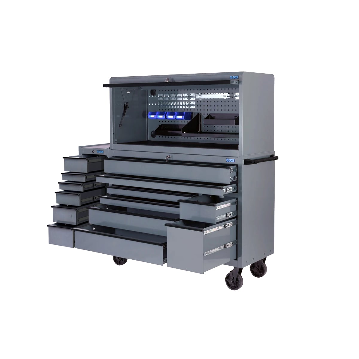 SGS Pro 56in 14 Drawer Roller Cabinet with Top Hutch and Side Cabinet | Grey